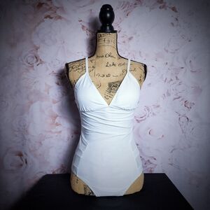 White Retro V-Neck One Piece Bathing Suit